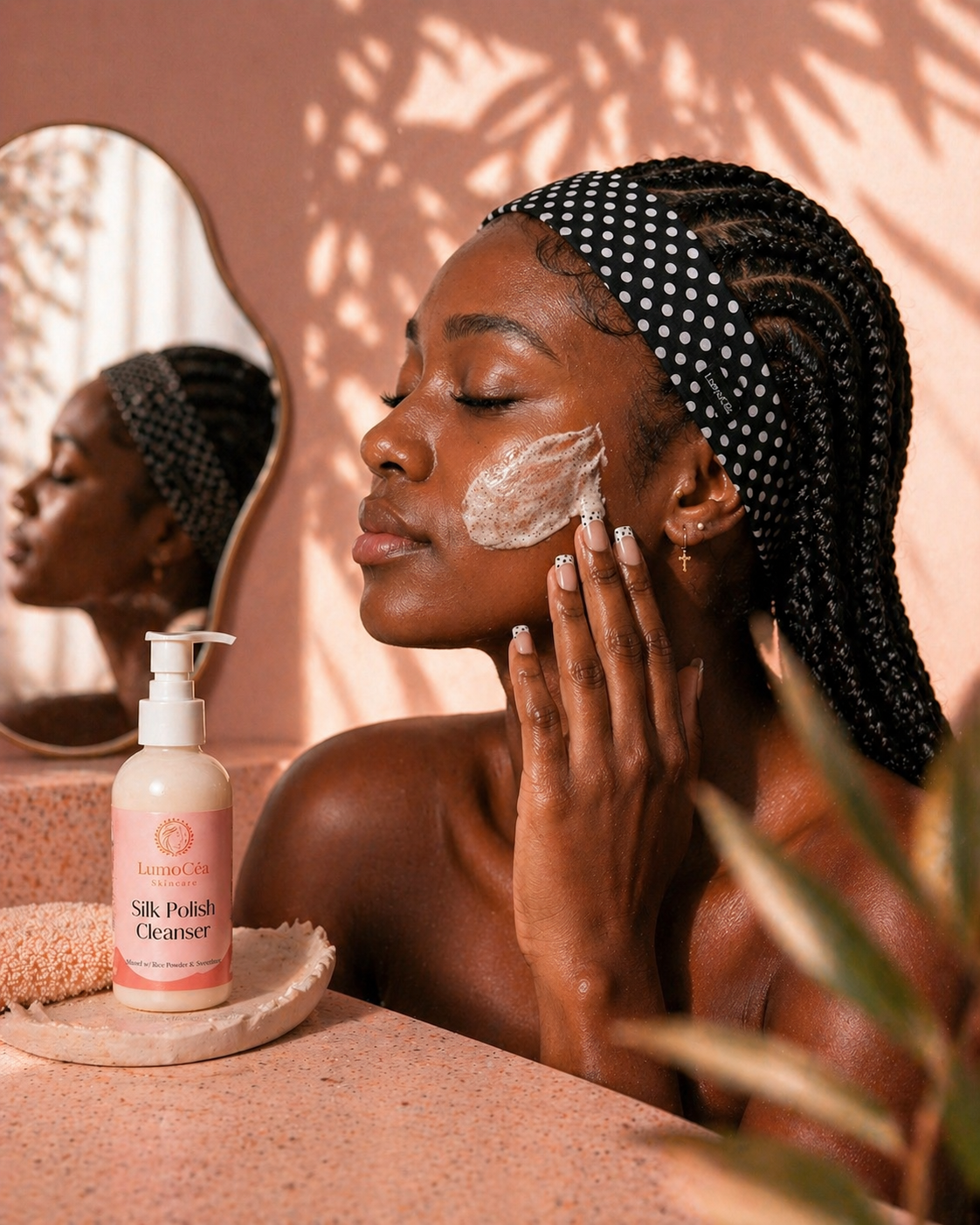 Woman applying facial cleanser with a bottle of 'Silk Polish Cleanser' on a pink background