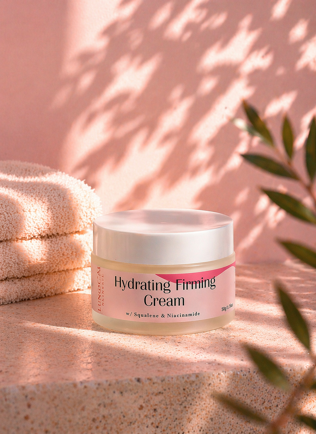 Jar of hydrating firming cream on a textured surface with a soft pink background