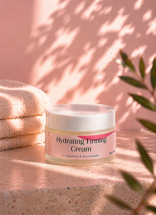 Jar of hydrating firming cream on a textured surface with a soft pink background