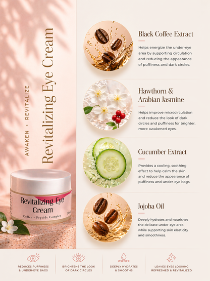 Revitalizing Eye Cream with ingredients and benefits on a pink background