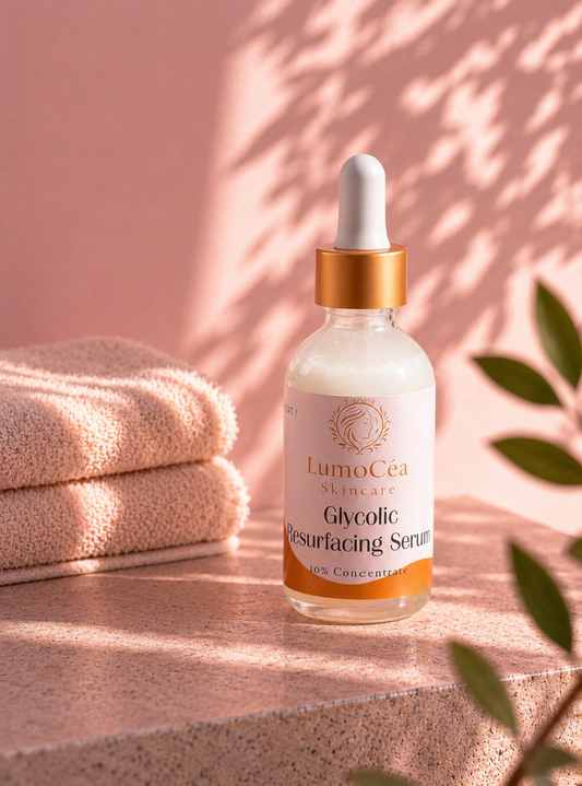 Lumocea Glycolic Restorative Serum bottle on a wooden surface with a towel and plant leaves in the background.