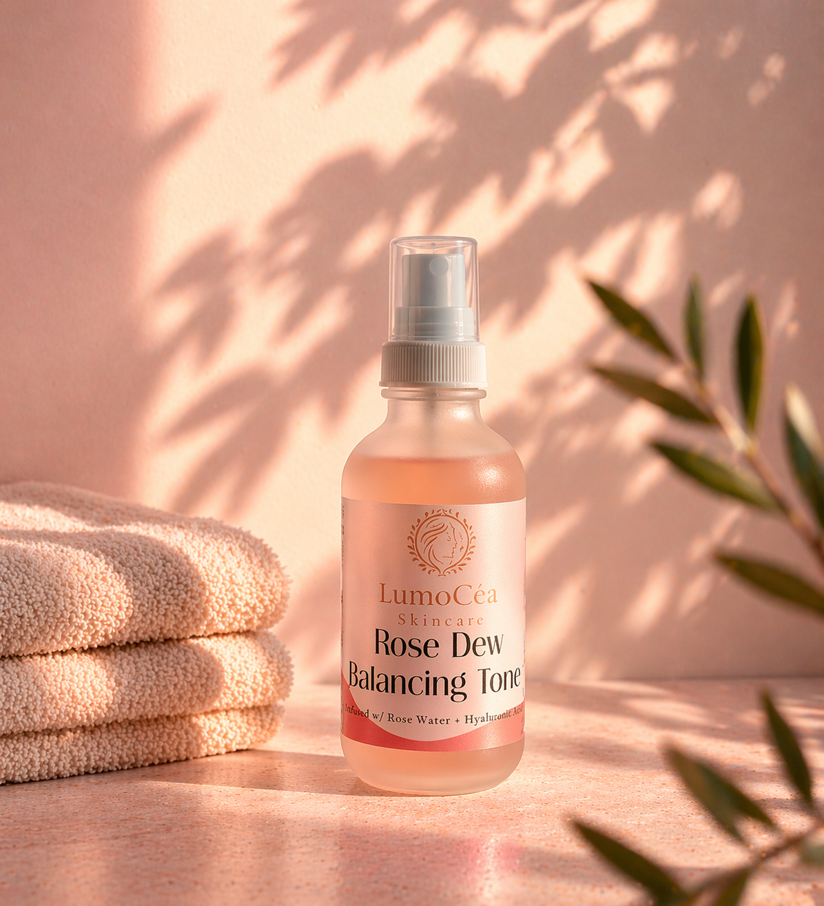 Bottle of LumoCea Rose Dew Balancing Tone with towels and leaves on a pink background