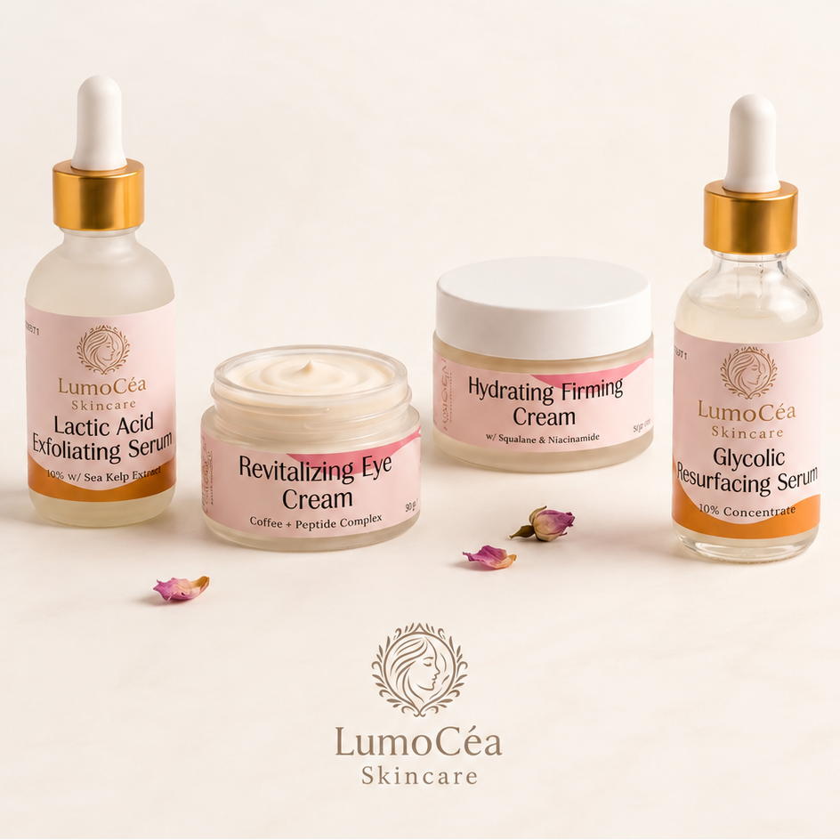 Four skincare products from Lumi Céa Skincare arranged on a clean off-white background: two dropper bottles with gold caps, one open cream jar, and one jar with a white lid. Small rose petals are scattered around the products, with the Lumi Céa Skincare logo centered at the bottom.