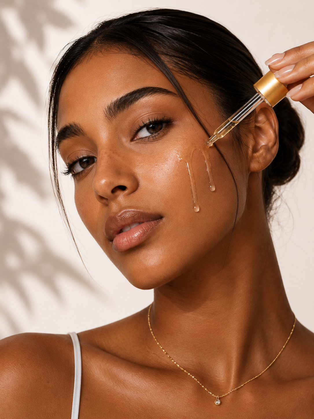Woman applying a dropper of skincare product to her face against a neutral background