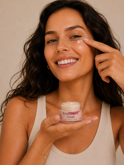 Woman applying cream to her face with a jar of cream in her hand against a neutral background