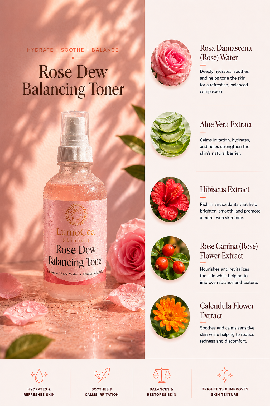 Rose Dew Balancing Toner bottle with ingredients listed on a pink and white background