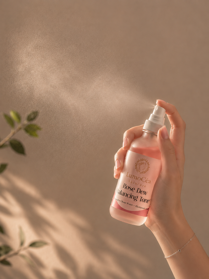 Hand holding a bottle of 'Rose Dew Balancing Toner' with a beige background