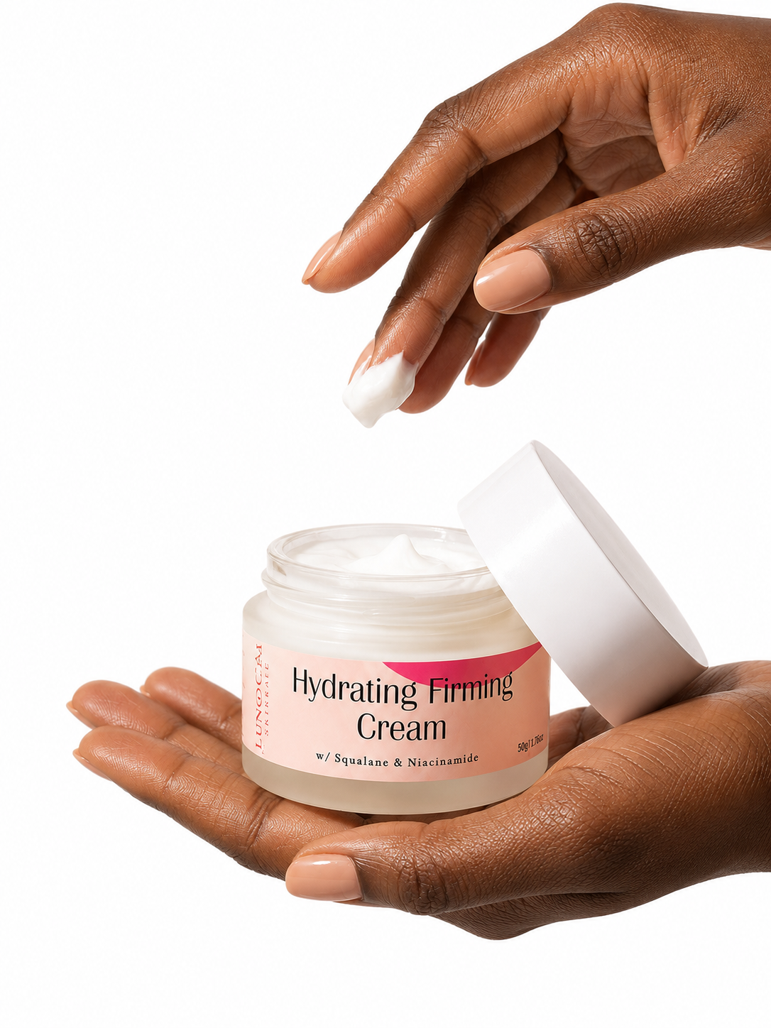 Hand holding a jar of 'Hydrating Firming Cream' with a white background