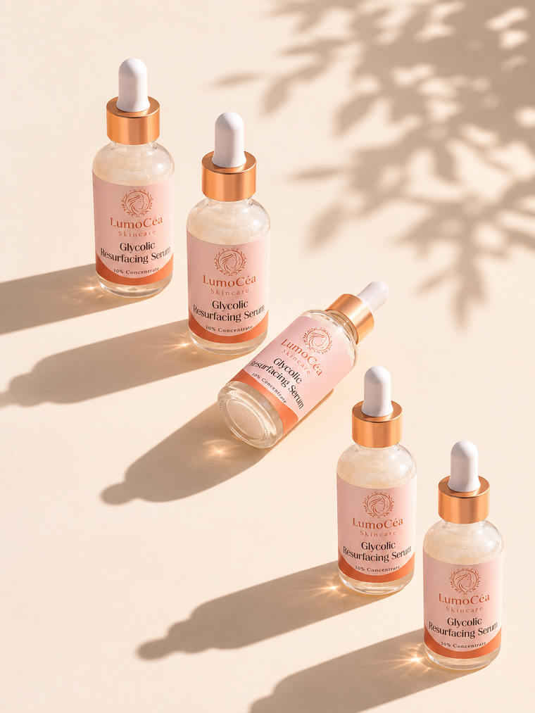 Set of skincare serum bottles with droppers on a beige background