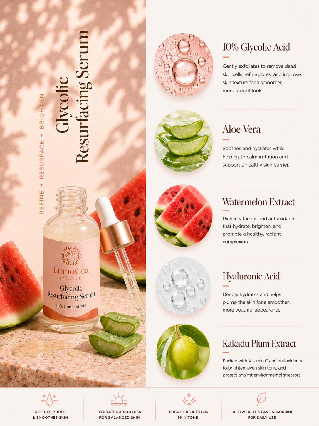 LumaCera Glycolic Resurfacing Serum with ingredients and benefits on a white background