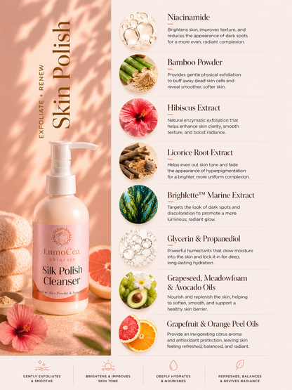 Lumocea Silk Polish Cleanser with skincare ingredient list on a pink background
