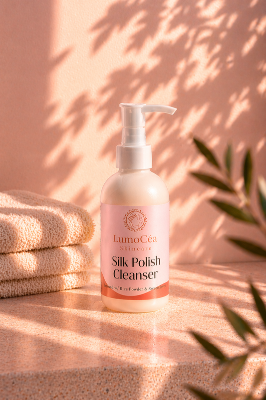 LumoCea Silk Polish Cleanser bottle on a textured surface with towels and leaves in the background