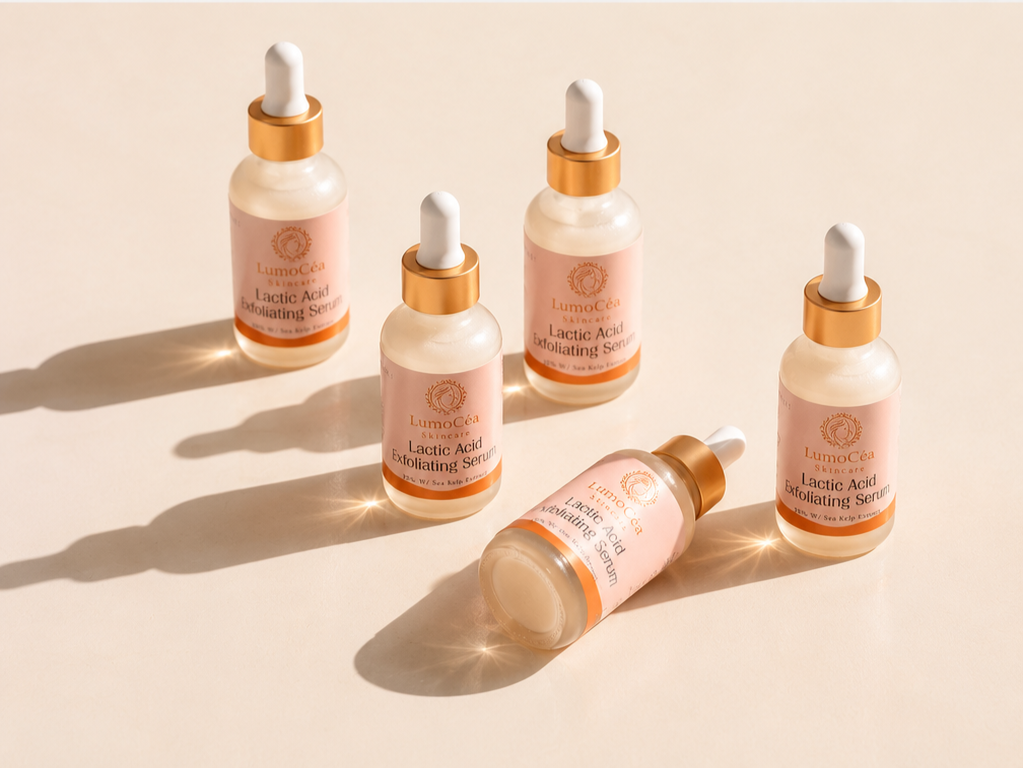Set of Lactic Acid Hydrating Serums with dropper bottles on a beige background
