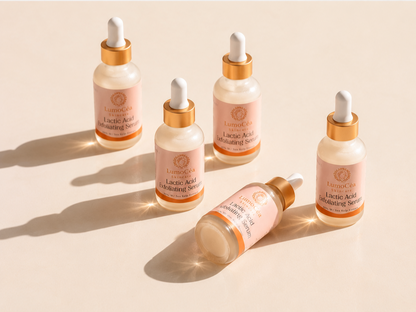 Set of Lactic Acid Hydrating Serums with dropper bottles on a beige background